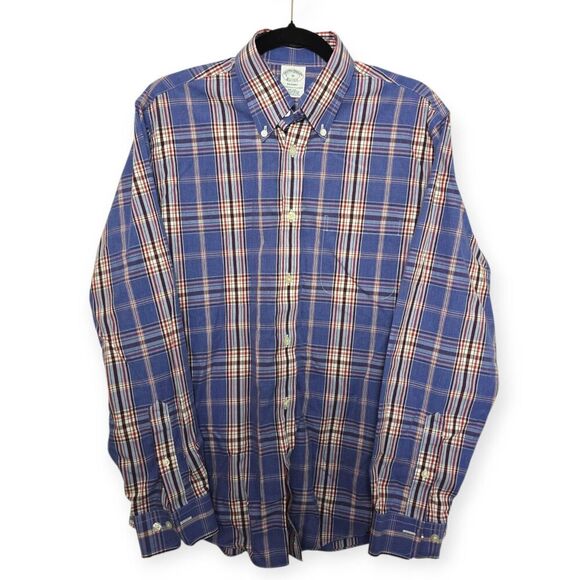 Brooks Brothers Shirt Mens Medium Madison Blue Plaid Long Sleeve Non Iron Button - Picture 1 of 4